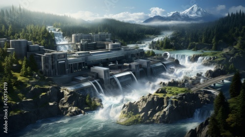 Modern hydroelectric dam amidst mountainous landscape