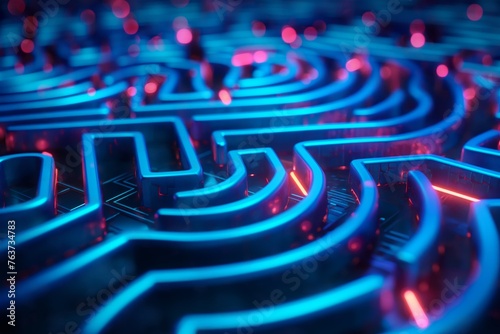 Futuristic glowing maze circuit board, complexity and problem solving in technology, Concept of digital challenges and cyber security photo