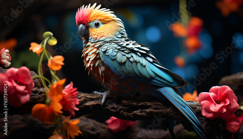 Vibrant macaw perching on branch, showcasing beauty in nature 