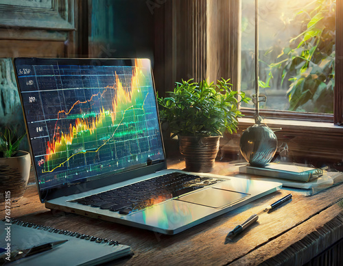 Financial chart on a laptop screen on a desk with the sun shining through the window. In landscape format Generative AI