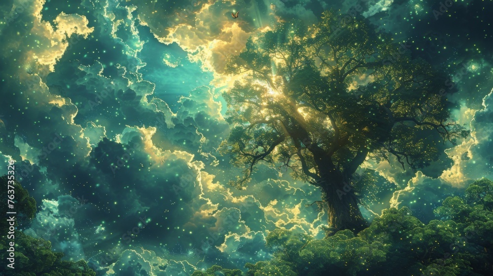 Naklejka premium The first image is a tall majestic tree standing tall against a cloudy sky. Its branches are adorned with bright green leaves symbolizing the growth and abundance of life.