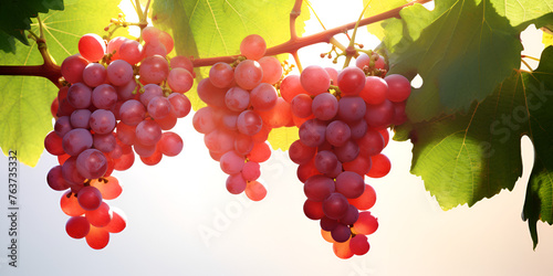Ripe red grapes on vine with leaves fruit agriculture freshness under the sky sunny background photo