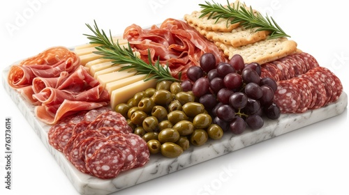  A platter of meats, cheeses, olives, bread, and crackers on a marble slate