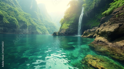  A picture of a lush waterfall cascading into a serene pool, surrounded by verdant foliage