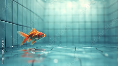  A goldfish swims in a blue-tiled room with sunlight glistening on the water