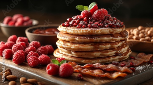  A plate of pancakes with raspberries and almonds on a cutting board, alongside a bowl of nuts