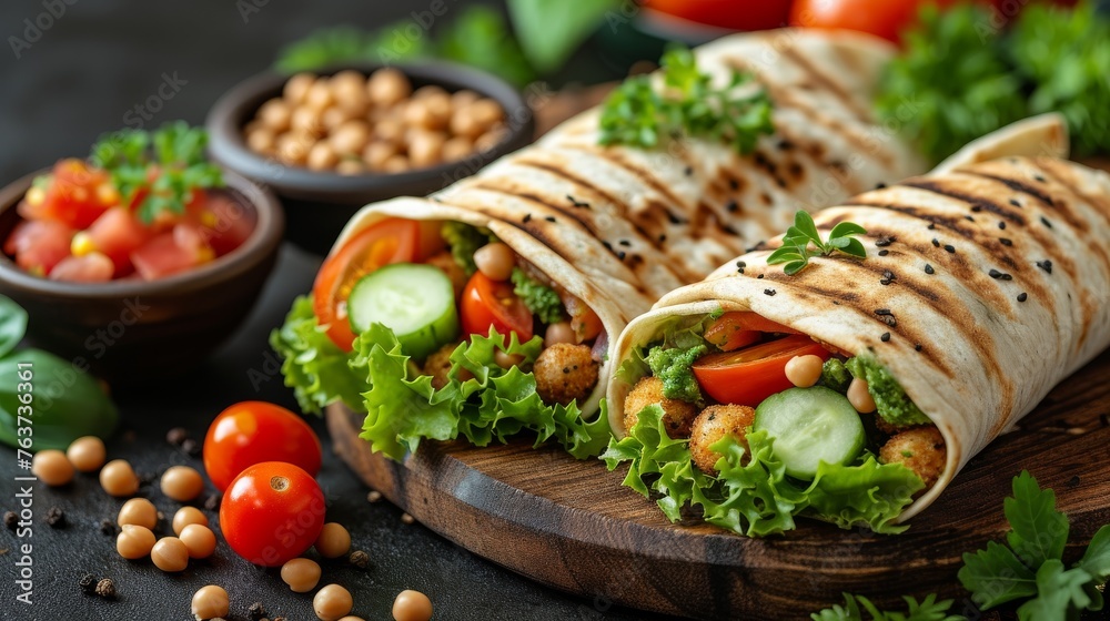  A burrito loaded with lettuce, tomatoes, cucumber, and chickpeas displayed on a cutting board