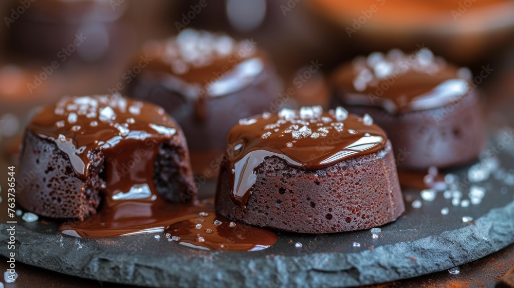 Close-up of a chocolate cake on a plate with sauce, surrounded by other cakes Close-up of a chocolate cake on a plate with sauce, surrounded by other cakes