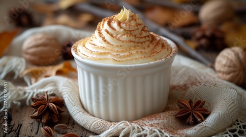  A photo shows a close-up cup of hot chocolate topped with whipped cream and sprinkled star anise, resting on a lacy doily