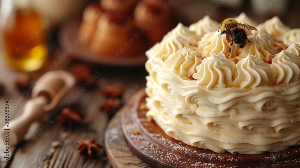 Close-up photo of frosted cake with bee perched atop on wooden table Close-up photo of frosted cake with bee perched atop on wooden table