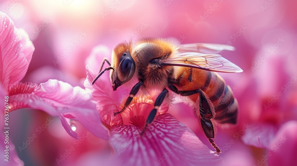  A focused shot of a bee on a flower, with water droplets glistening on its wings against a hazy backdrop - obrazy, fototapety, plakaty 