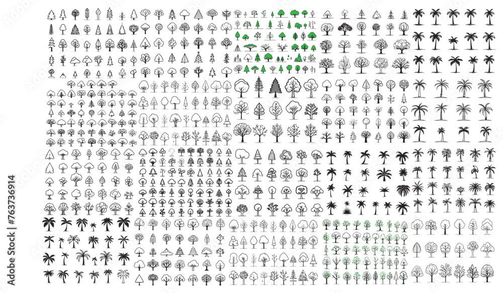 set of collection tree vector icon set. silhouette tree line drawing ...
