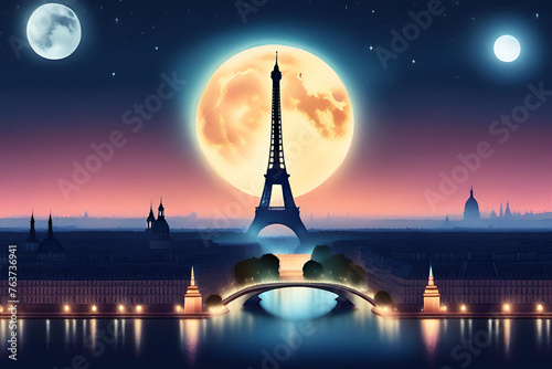 silhouette of paris skyline by night with the full moon and stars in the sky