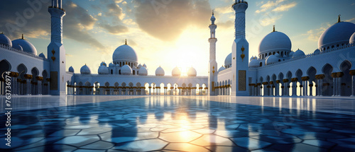 Big white Islamic mosque building with golden sunlight created with Generative AI Technology photo