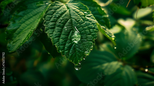 A single droplet of water hangs from a vibrant green leaf, reflecting the surrounding environment in its clear surface