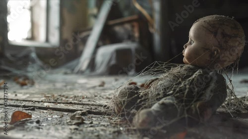 An old doll tangled in cobwebs and covered in dust in the interiors of a ruined suburban house. Great for scary stories.