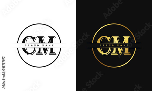 Elegant, Luxurious, Professional and minimal CM letters monogram icon design in bright golden color.