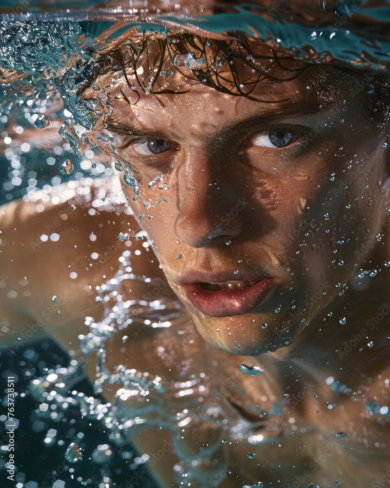 Close-up of swimmer taking a breath, crisp water backdrop, dynamic and focused, in clear pool light