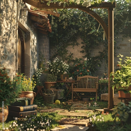 Cozy garden corner, mid-shot in soft afternoon light, peaceful yet lively vibe, full of life