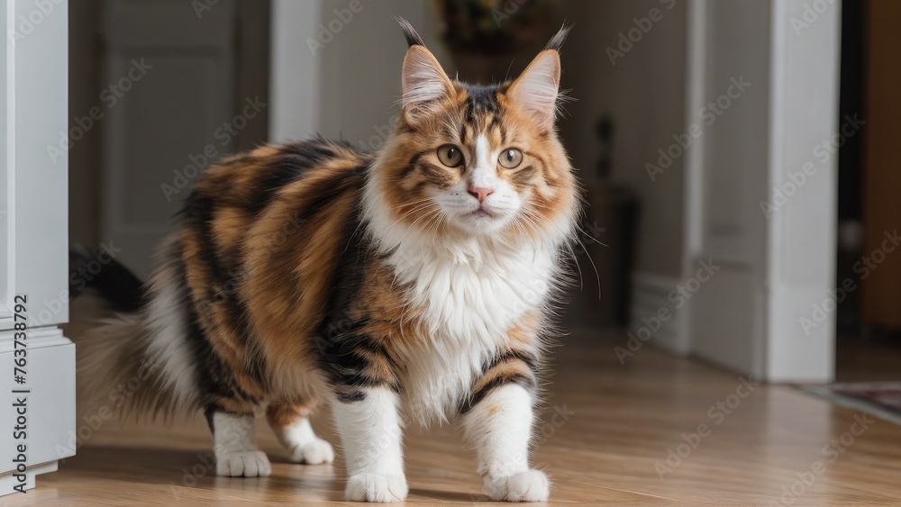 Calico maine coon cat in the living room Calico maine coon cat in the living room