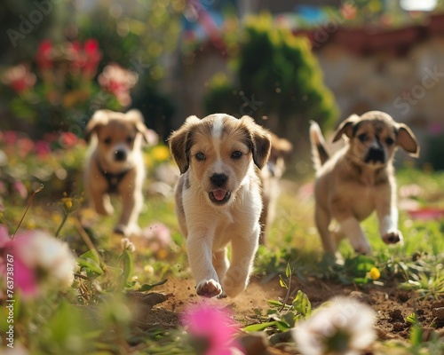 Playful puppies in a garden, fun activities, wide shot with rich colors and joyful energy, clear day