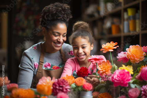 Obraz na płótnie Happy mother and daughter having fun with flowers. African american adult female with child celebrating mother's day. w salonie