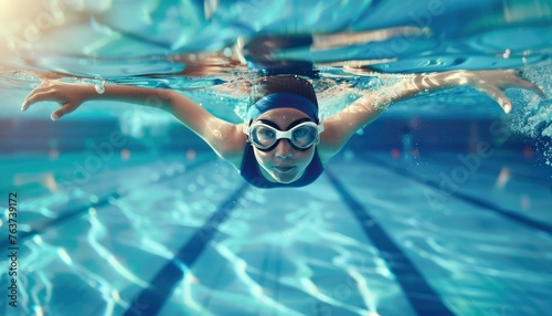 Professional Swimming Athlete in action front angle view under and over water  aerobic swimmer  proudly represent and wearing the United States flag pattern on head covering and swim goggles
