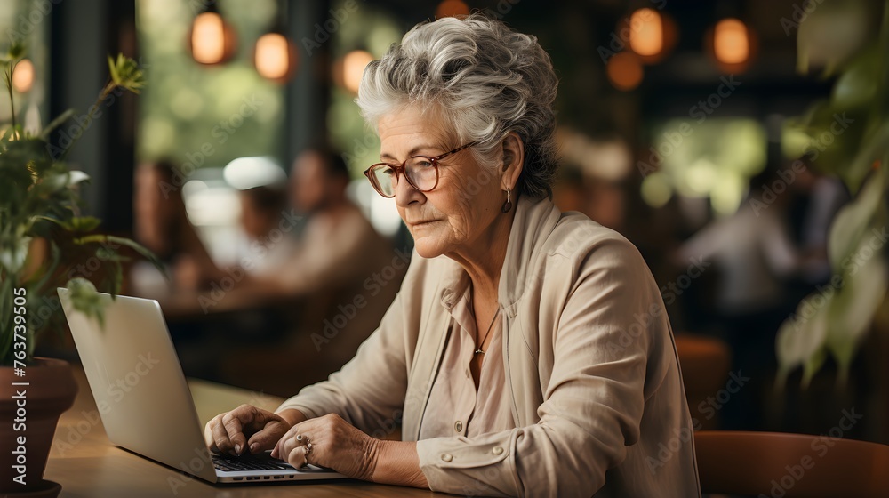 Old granny woman working on laptop computer in cafe at table. Senior adult woman in glasses using laptop - obrazy, fototapety, plakaty 