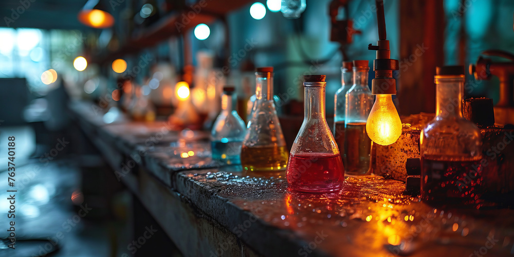 An array of Erlenmeyer flasks filled with colorful chemical solutions on a rustic laboratory bench