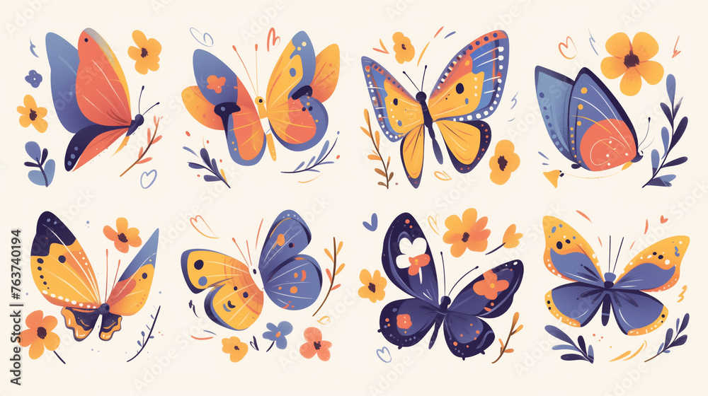 A delightful assortment of colorful cartoon butterflies with playful patterns, perfect for cheerful illustration designs on white background