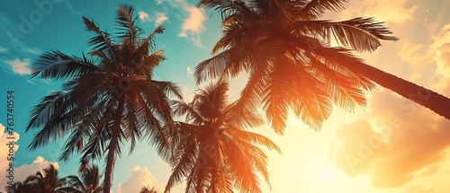 Fototapeta Naklejka Na Ścianę i Meble -  Transport yourself to a serene oasis with this vintage-inspired image capturing the beauty of palm trees against a backdrop of a stunning sunset