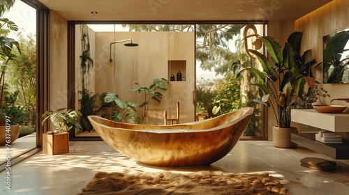 Modern Bathroom Interior with Stone Bathtub and Tropical Plants