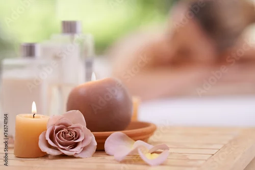Panel kuchenny z motywem Candles, rose and holistic healing at spa with aromatherapy, wellness and treatment for self care. Detox, stress relief and energy balance for aura with tools, luxury and natural with zen and calm