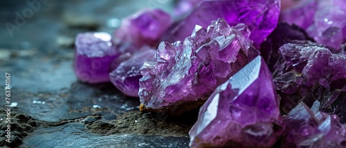 Detailed macro photography of deep purple amethyst crystal clusters with sharp edges and natural textures