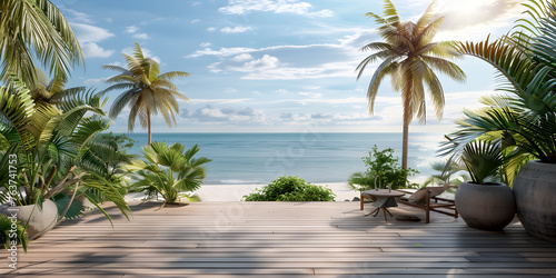 Seascape with waves palm leaves a blue sky with clouds and an empty wooden floor.