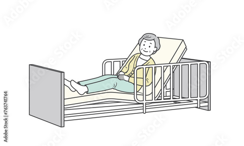 ベッドで横になる高齢女性と介護ベッドのイラスト