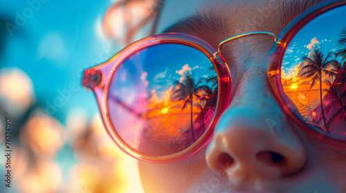 Vivid Sunset And Palm Trees Reflected In Pink Sunglasses © oxart_studio