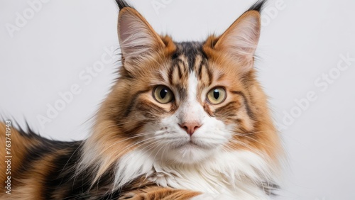 Portrait of Calico maine coon cat on grey background