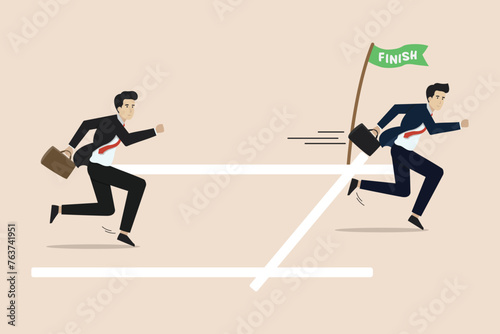 Go extra miles or extra step ahead the goal, beyond expectation, dedication concept, businessman running extra mile from finish line to ensure success.