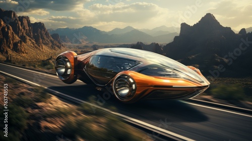 Futuristic orange car driving on a mountain road