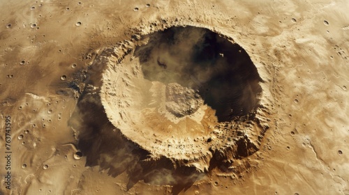 A satellite view of a circular depression surrounded by jagged rock formations and dust marking a large crater in the ground.
