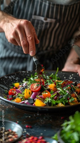 Chef Garnishing a Colorful Fresh Salad