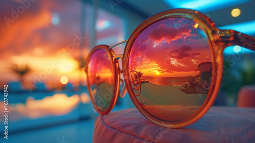 Fashionable Sunglasses Showcasing A Stunning Tropical Sunset Reflection © oxart_studio