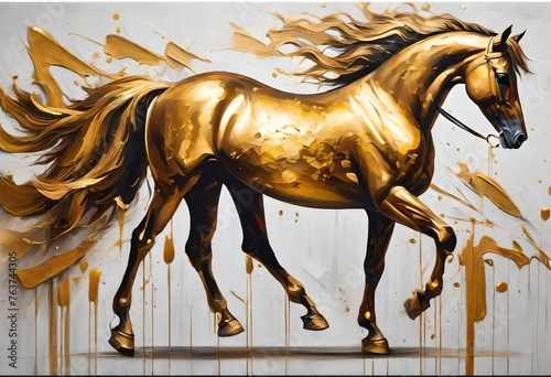 oil painting featuring elements of gold and a horse motif, displayed on a canvas against a wall. The artwork exudes modernity 