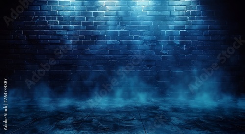 Mysterious blue brick wall enveloped in fog, illuminated by a glowing spotlight, creating an eerie ambiance. photo