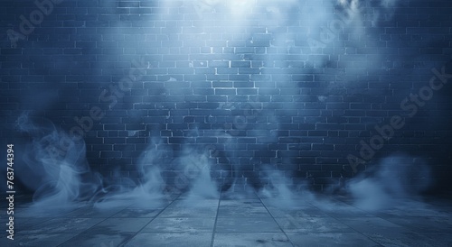 Mysterious blue brick wall enveloped in fog, illuminated by a glowing spotlight, creating an eerie ambiance.