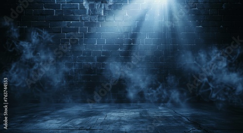 Spectral blue wall with swirling fog  casting a mesmerizing glow that hints at untold stories and hidden depths.