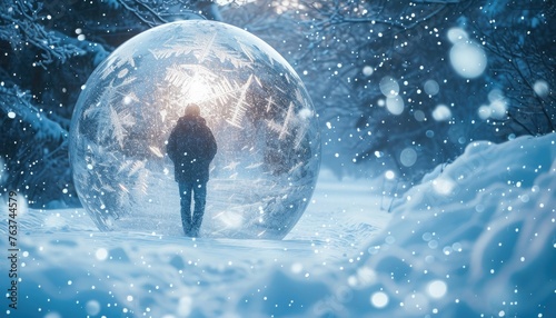 A person trapped inside a snow globe, surrounded by swirling snowflakes and distorted perspectives, capturing the surreal feeling of anxiety. ❄️🔮 Conveys engulfed by emotions. #SurrealAnxiety photo