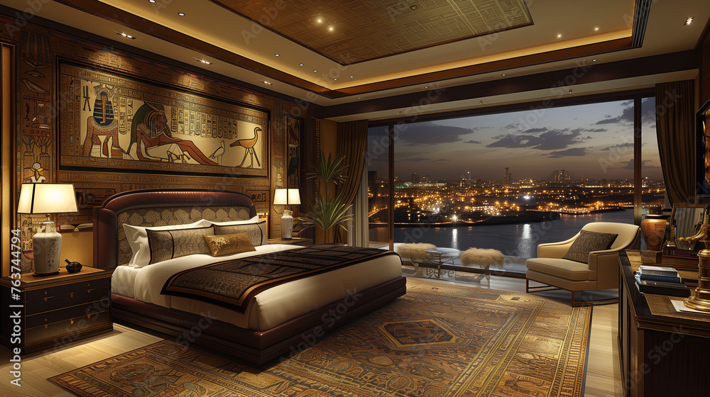 Fototapeta premium Luxurious Bedroom Interior with Egyptian Theme Overlooking City Nightscape