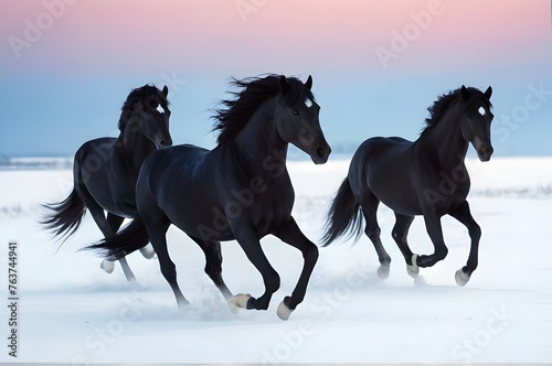 Three Black Horses in the snow landscape with motion blur effects with dust clouds